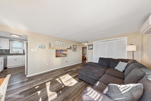 5909 Ocean Blvd, Long Beach Twp, NJ 08008 - living area featuring dark wood-type flooring, baseboards, and a wall mounted air conditioner
