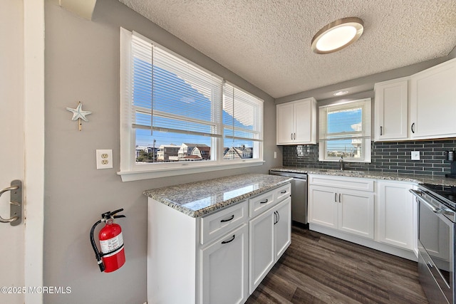 5909 Ocean Blvd, Long Beach Twp, NJ 08008 - kitchen with a sink, white cabinetry, appliances with stainless steel finishes, decorative backsplash, and dark wood-style flooring