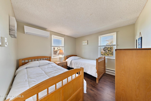 5909 Ocean Blvd, Long Beach Twp, NJ 08008 - bedroom featuring a textured ceiling, an AC wall unit, dark wood-style flooring, and a baseboard radiator