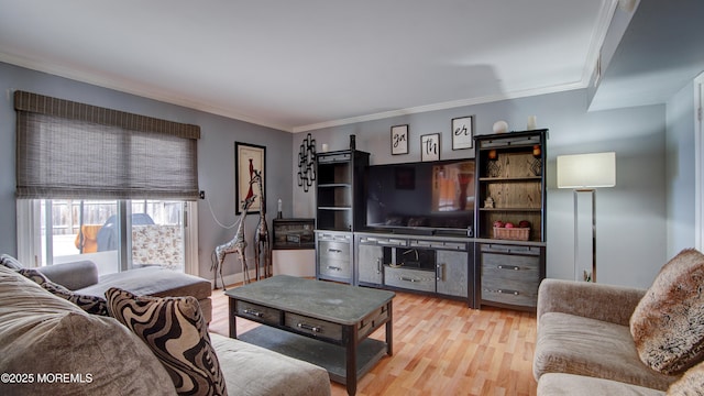 living area featuring light wood-style flooring and crown molding