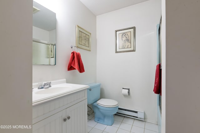 full bath featuring a shower with door, a baseboard radiator, toilet, vanity, and tile patterned floors