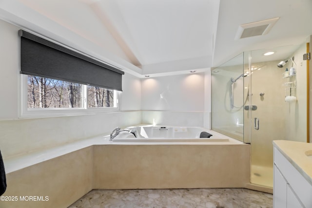 full bath with a stall shower, visible vents, vaulted ceiling, vanity, and a bath