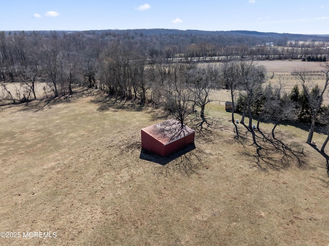 bird's eye view featuring a rural view and a wooded view