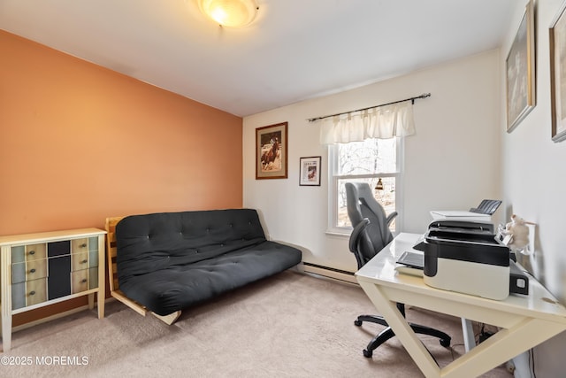 carpeted office with a baseboard radiator