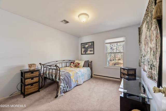 bedroom featuring carpet flooring, visible vents, and baseboard heating