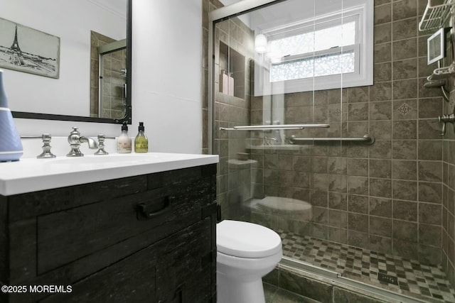 bathroom featuring toilet, a stall shower, and vanity