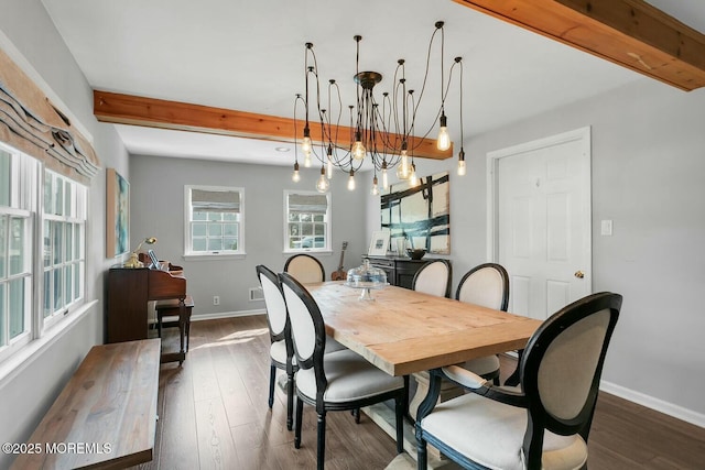 dining space with beam ceiling, baseboards, and dark wood-type flooring