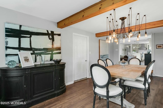 dining space with beam ceiling, dark wood-style floors, and baseboards