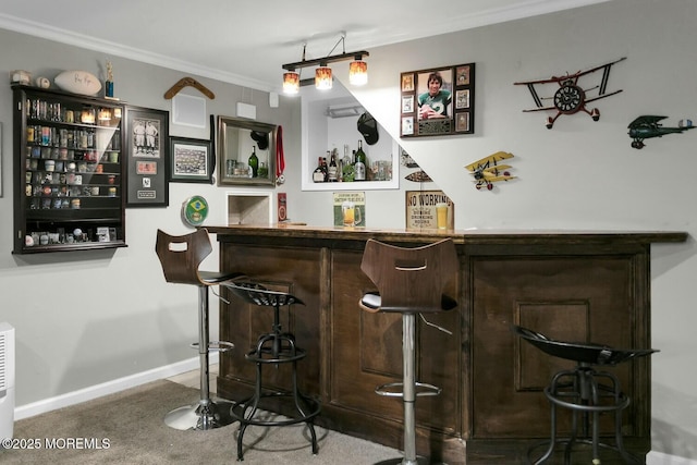 bar with a bar, crown molding, carpet, and baseboards