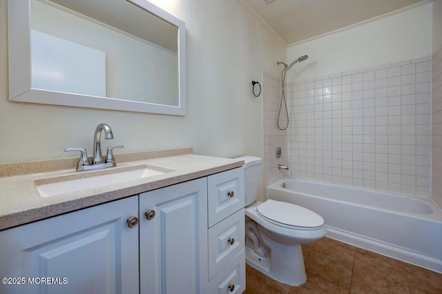 full bath with shower / bath combination, vanity, toilet, and tile patterned floors