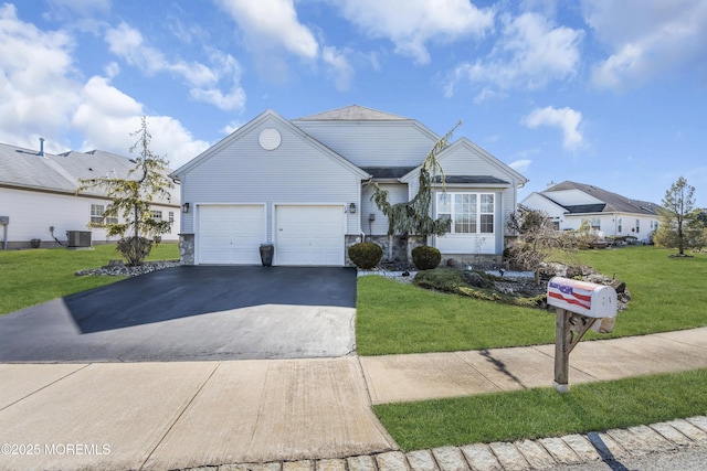 single story home with central AC unit, stone siding, aphalt driveway, an attached garage, and a front lawn