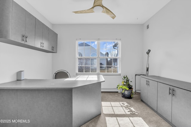 kitchen featuring light carpet, a ceiling fan, a baseboard radiator, a peninsula, and gray cabinets