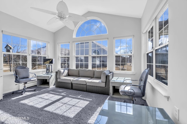 sunroom / solarium with vaulted ceiling and ceiling fan