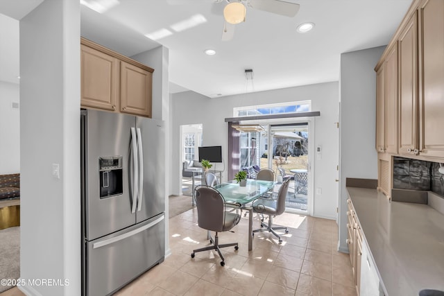 kitchen with recessed lighting, light brown cabinetry, a ceiling fan, light tile patterned flooring, and stainless steel fridge with ice dispenser