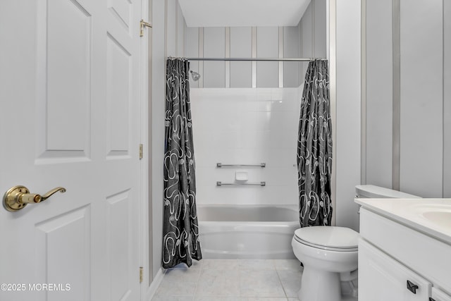 full bath featuring toilet, tile patterned flooring, shower / tub combo with curtain, and vanity