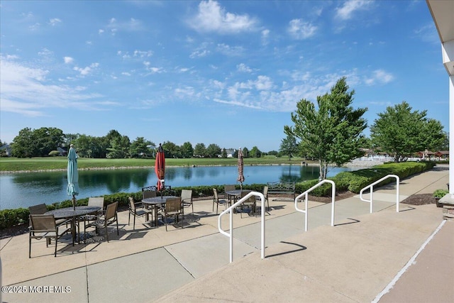 view of community featuring a patio and a water view