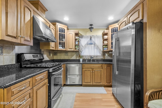 kitchen featuring glass insert cabinets, a sink, extractor fan, stainless steel appliances, and backsplash