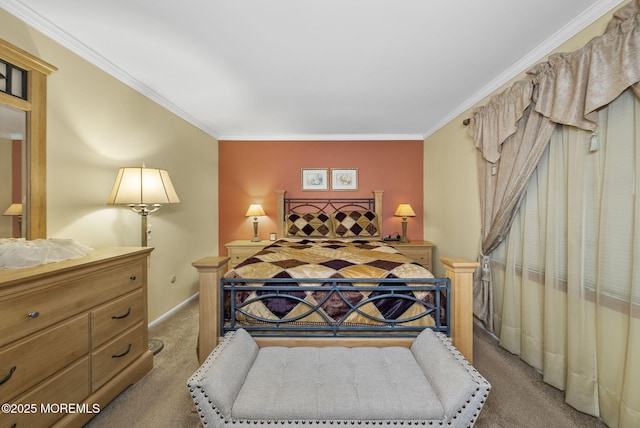 bedroom with carpet floors, ornamental molding, and baseboards