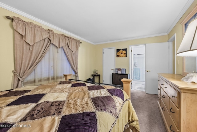 bedroom featuring carpet floors, ornamental molding, and ensuite bathroom