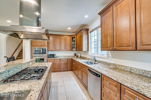1 Christie Ln, Freehold, NJ 07728 - kitchen with stainless steel appliances, island exhaust hood, light stone counters, brown cabinets, and recessed lighting