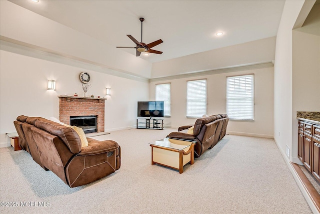 1 Christie Ln, Freehold, NJ 07728 - carpeted living area with ceiling fan, a brick fireplace, plenty of natural light, and recessed lighting