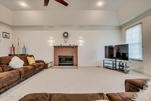 1 Christie Ln, Freehold, NJ 07728 - carpeted living room with ceiling fan, a brick fireplace, and recessed lighting