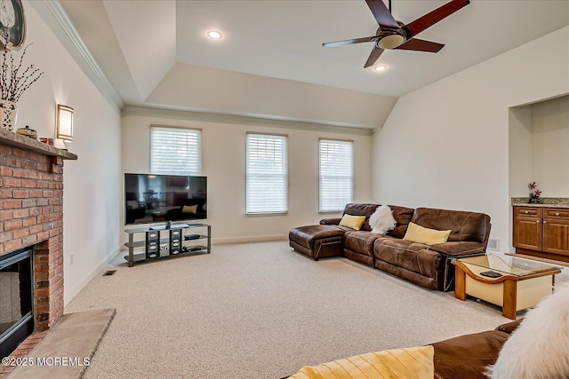 1 Christie Ln, Freehold, NJ 07728 - living area with light carpet, a fireplace, a ceiling fan, ornamental molding, and recessed lighting