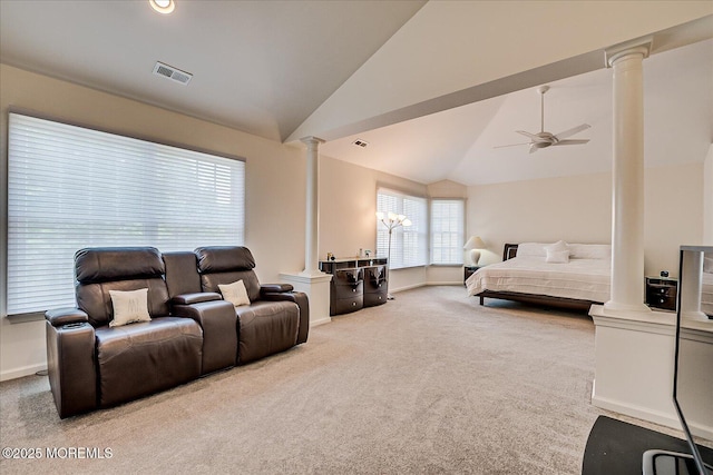 1 Christie Ln, Freehold, NJ 07728 - carpeted bedroom with decorative columns, vaulted ceiling, and a ceiling fan