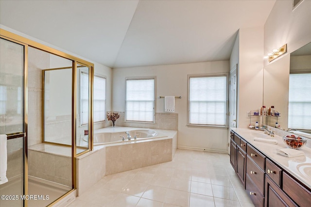 1 Christie Ln, Freehold, NJ 07728 - full bathroom with lofted ceiling, a bath, tile patterned flooring, double vanity, and a stall shower