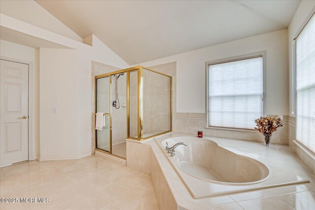1 Christie Ln, Freehold, NJ 07728 - full bath featuring lofted ceiling, a bath, a shower stall, and tile patterned floors