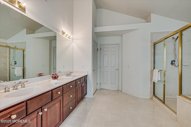 1 Christie Ln, Freehold, NJ 07728 - bathroom with vaulted ceiling, double vanity, a stall shower, and tile patterned flooring