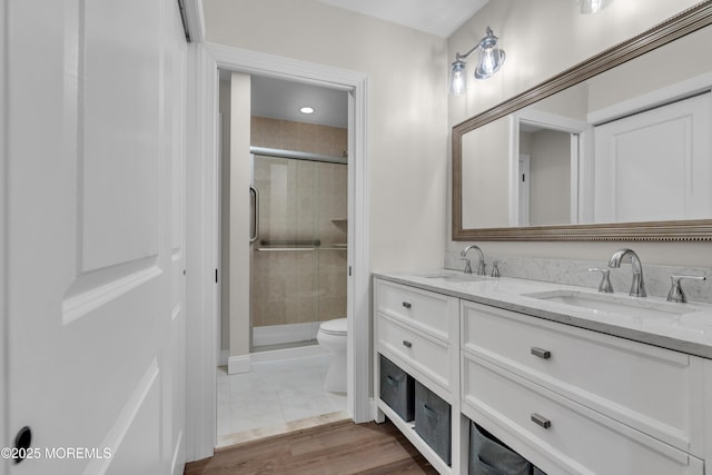 full bathroom featuring double vanity, a shower stall, toilet, and a sink