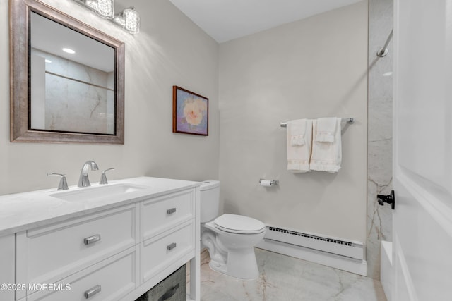 bathroom featuring toilet, marble finish floor, a baseboard radiator, and vanity