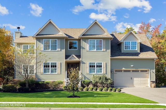 view of front of home with a front lawn, concrete driveway, roof with shingles, and an attached garage