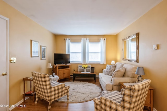 living room featuring plenty of natural light, wood finished floors, and baseboards