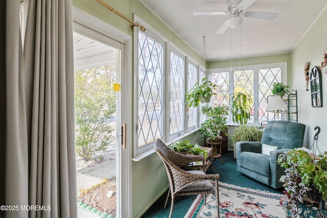 sunroom featuring a ceiling fan