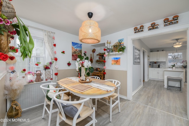 dining room featuring light wood-type flooring and wainscoting