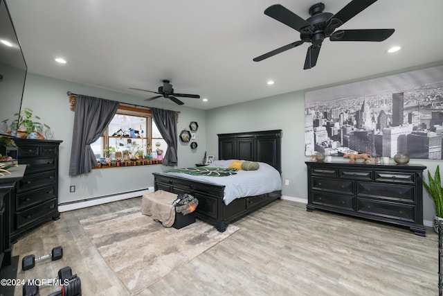 bedroom featuring ceiling fan, a baseboard radiator, recessed lighting, wood finished floors, and baseboards