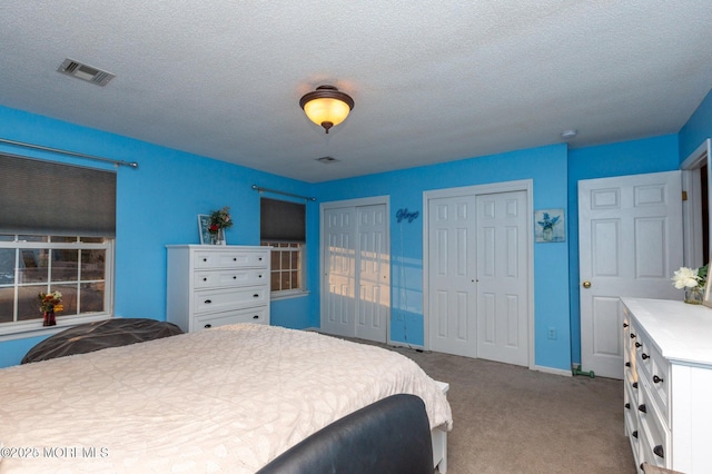 carpeted bedroom with visible vents, multiple closets, a textured ceiling, and baseboards