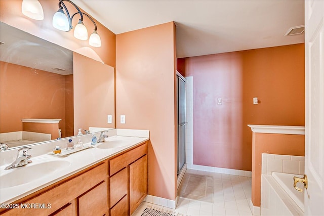 full bath featuring a garden tub, visible vents, a shower stall, and a sink