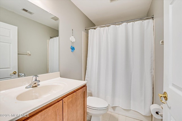 bathroom with visible vents, toilet, shower / bath combo with shower curtain, tile patterned floors, and vanity