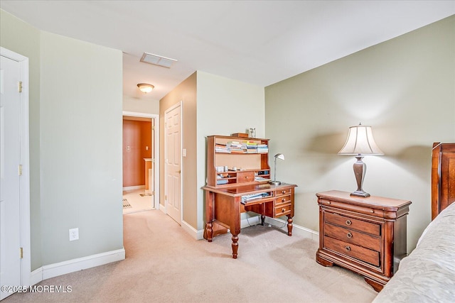 bedroom featuring visible vents, light carpet, and baseboards