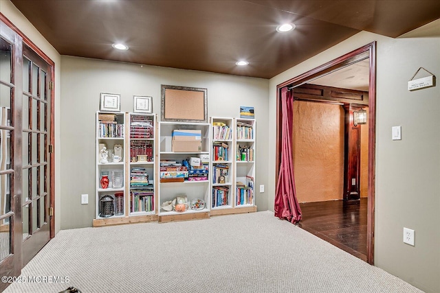 game room featuring recessed lighting and carpet floors