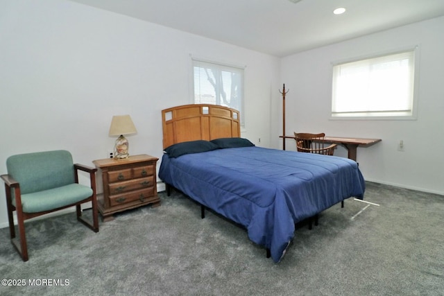 carpeted bedroom featuring recessed lighting and baseboards