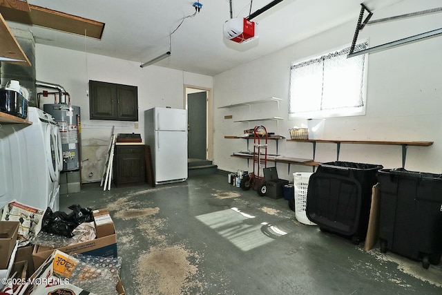 garage featuring gas water heater, a garage door opener, washer / clothes dryer, and freestanding refrigerator