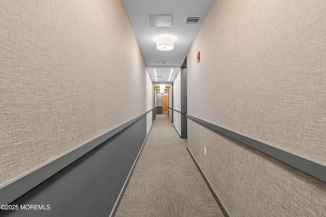 hallway with visible vents, wainscoting, light colored carpet, attic access, and a textured wall