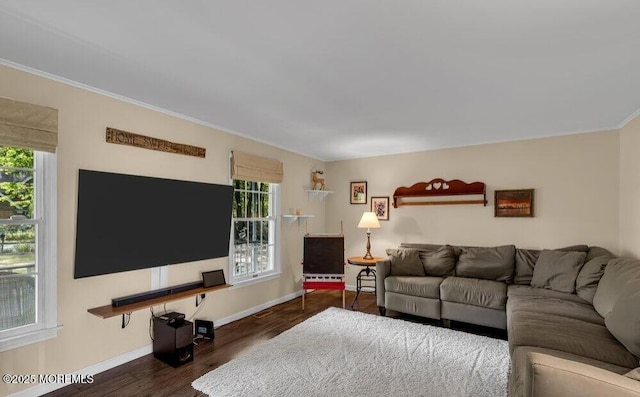 living room featuring crown molding, dark wood-type flooring, and baseboards