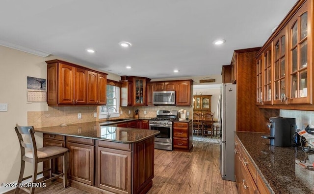 kitchen featuring wood finished floors, a peninsula, a sink, decorative backsplash, and appliances with stainless steel finishes