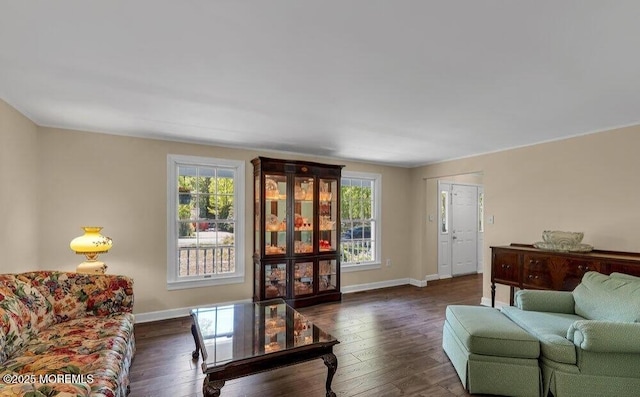 living area with a wealth of natural light, dark wood-style floors, and baseboards