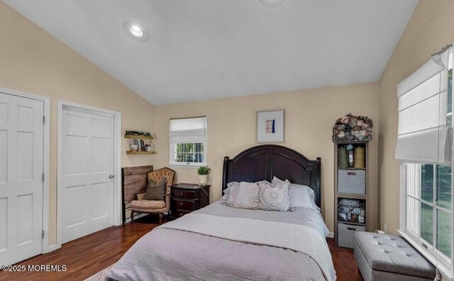 bedroom with lofted ceiling and wood finished floors